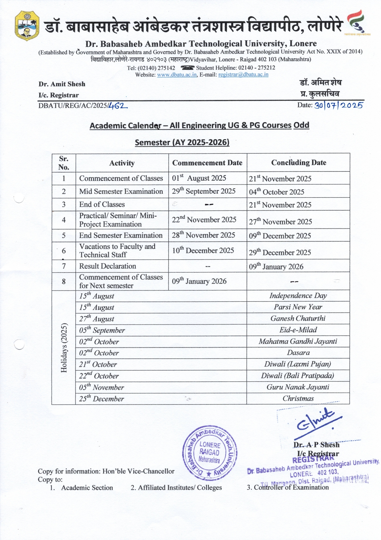 Academic Calendar Odd Sem AY25-26