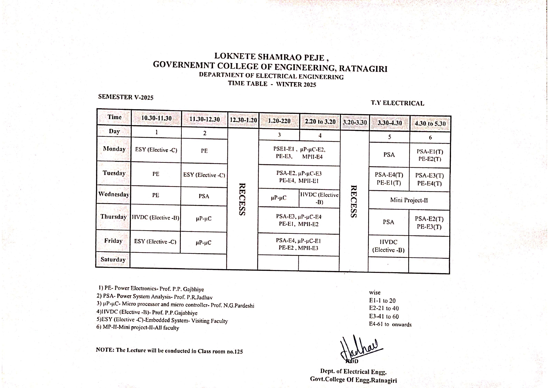 Electrical Time-Table Odd Winter 25-26